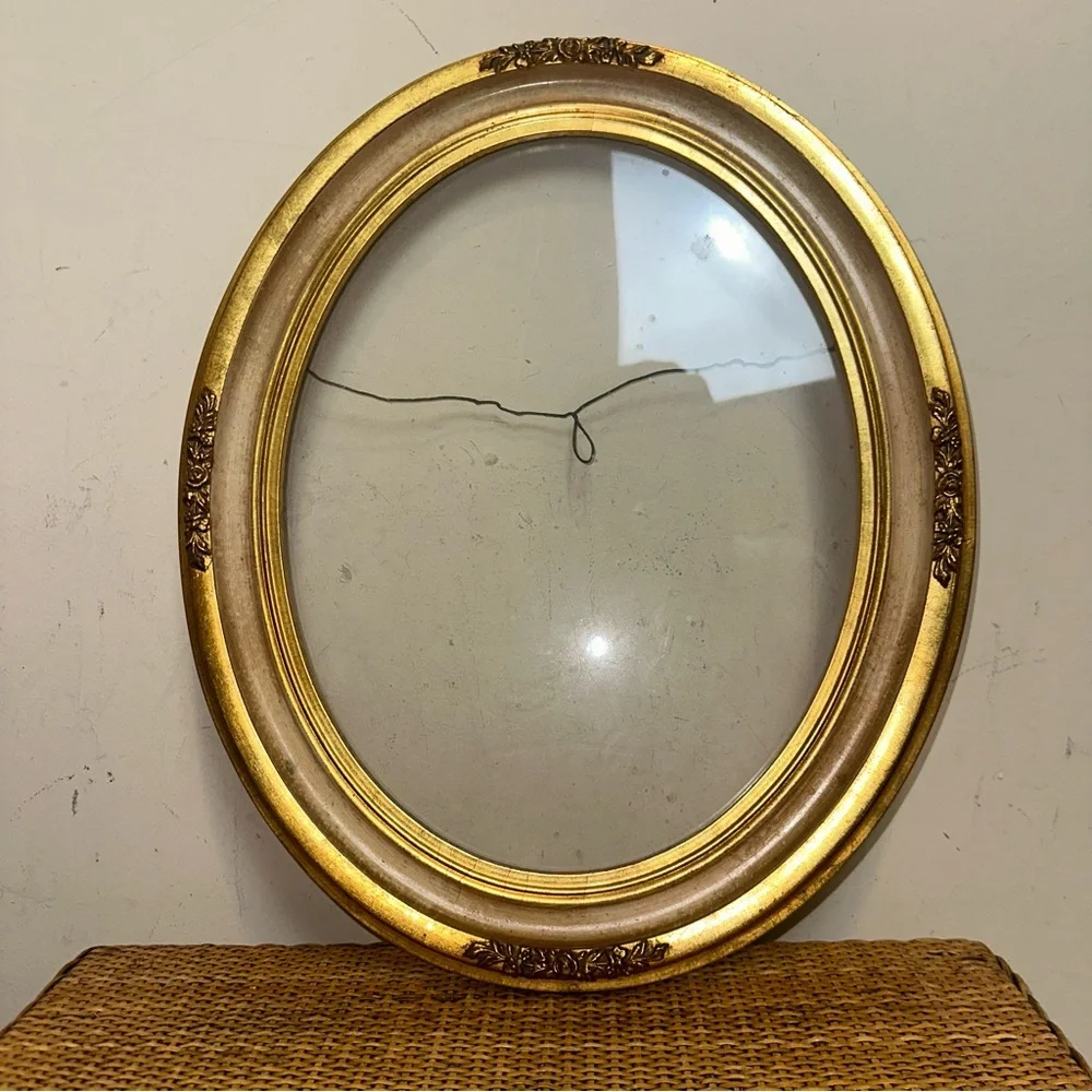 Antique Giltwood Italian Hand Carved Floral Wooden Oval Mirror Frame Home Decor